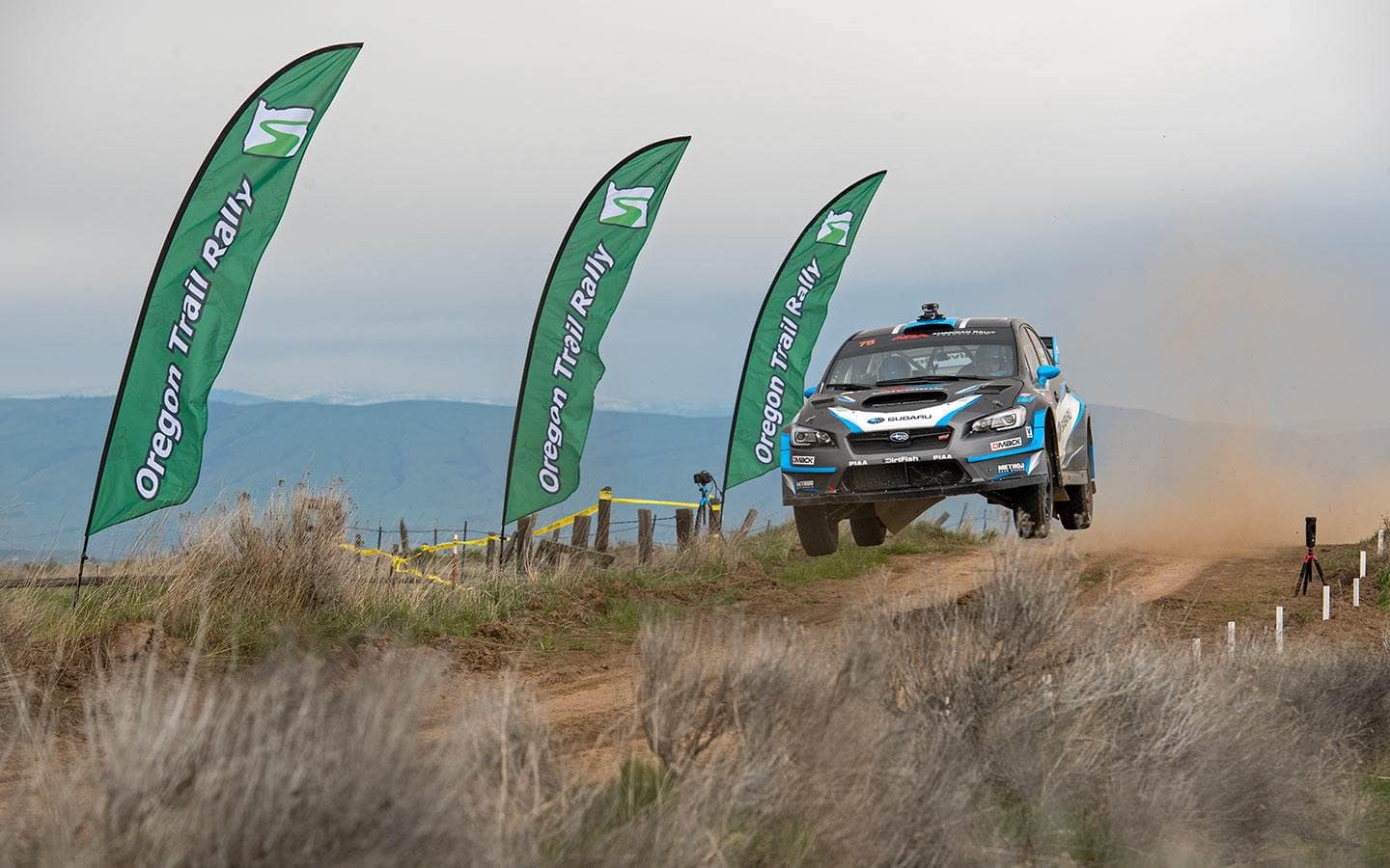 David Higgins and Craig Drew get airborne at the Oregon Trail Rally
